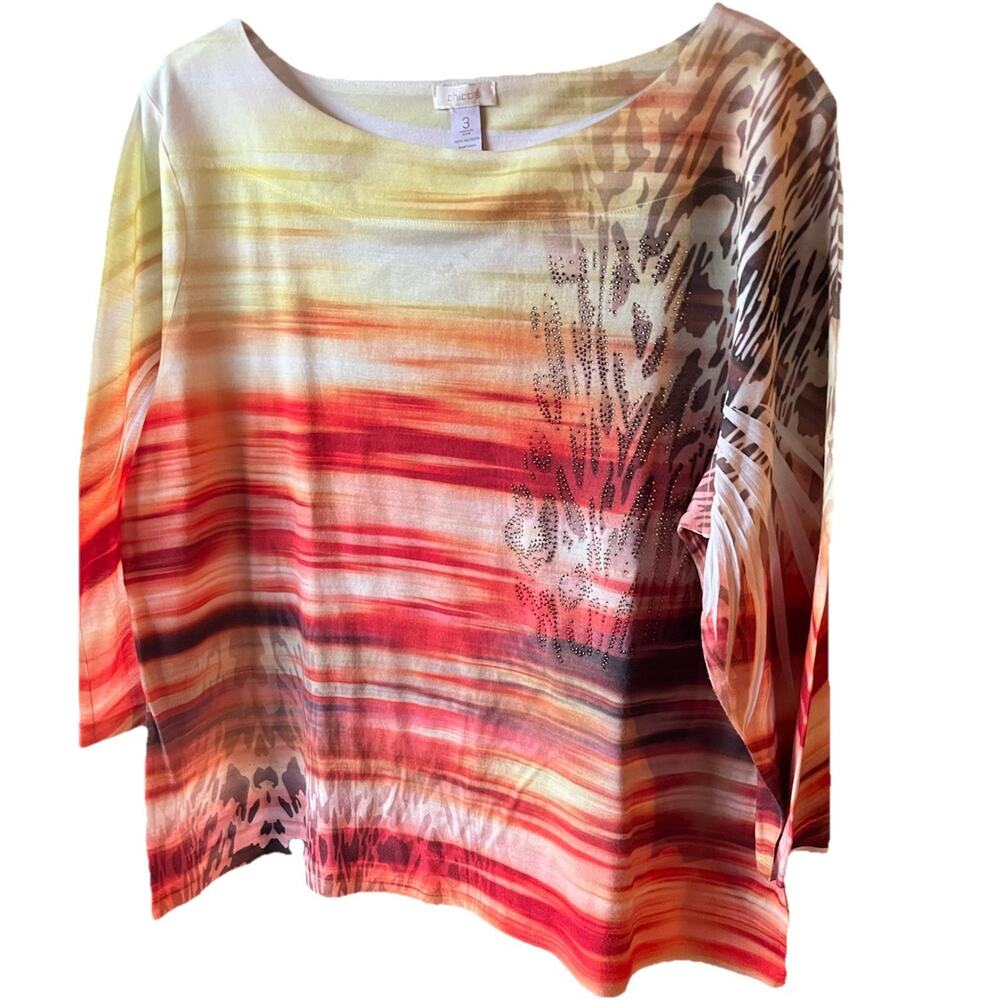 Chico's Women's 3/4 Sleeve Boat Neck Top Colorful Tropical Embellished Sz 3 (XL)